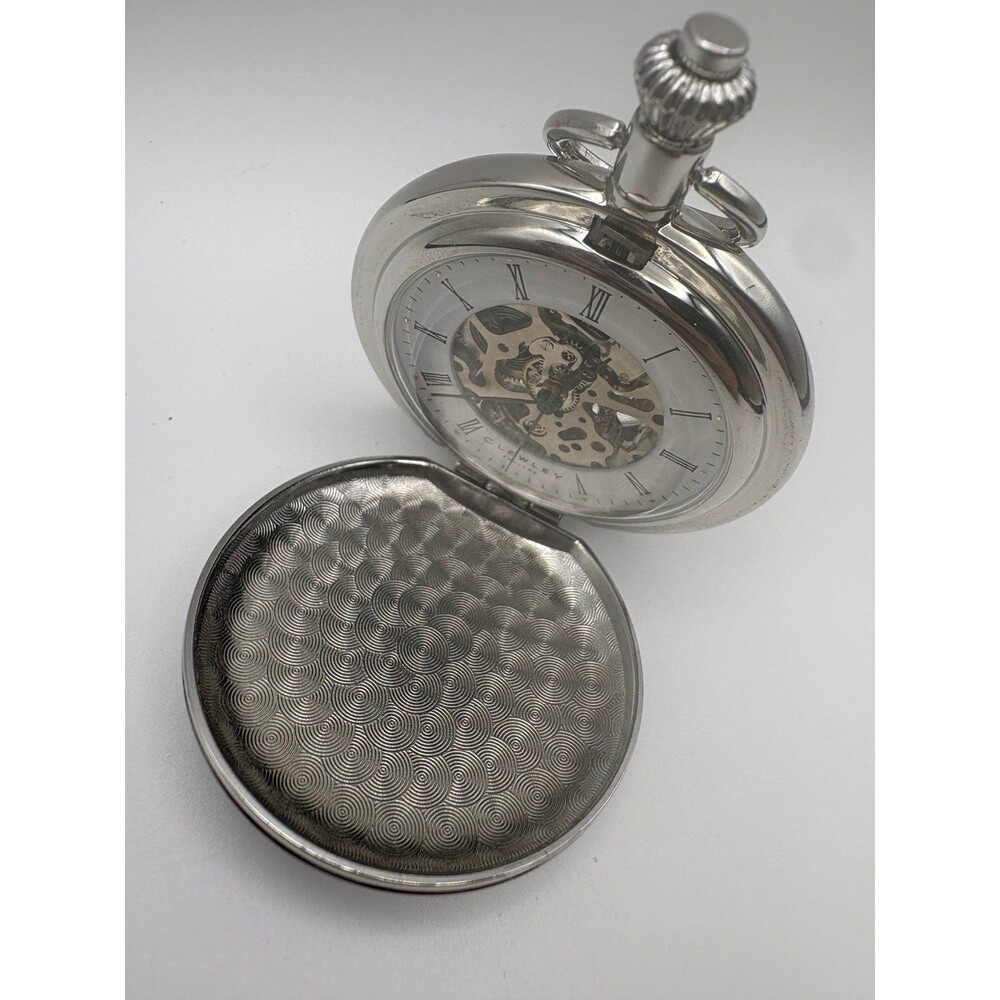 Clewley England Mechanical Skeleton Pocket Watch Chrome Hunter Case